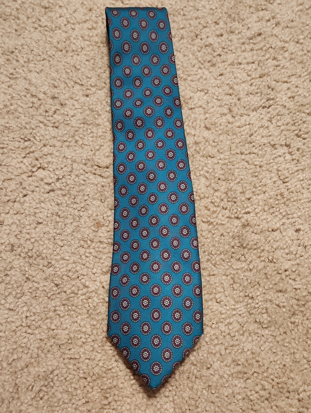 Jos. A. Bank Silk Hand Printed Teal and Burgundy Medallion Men's Tie